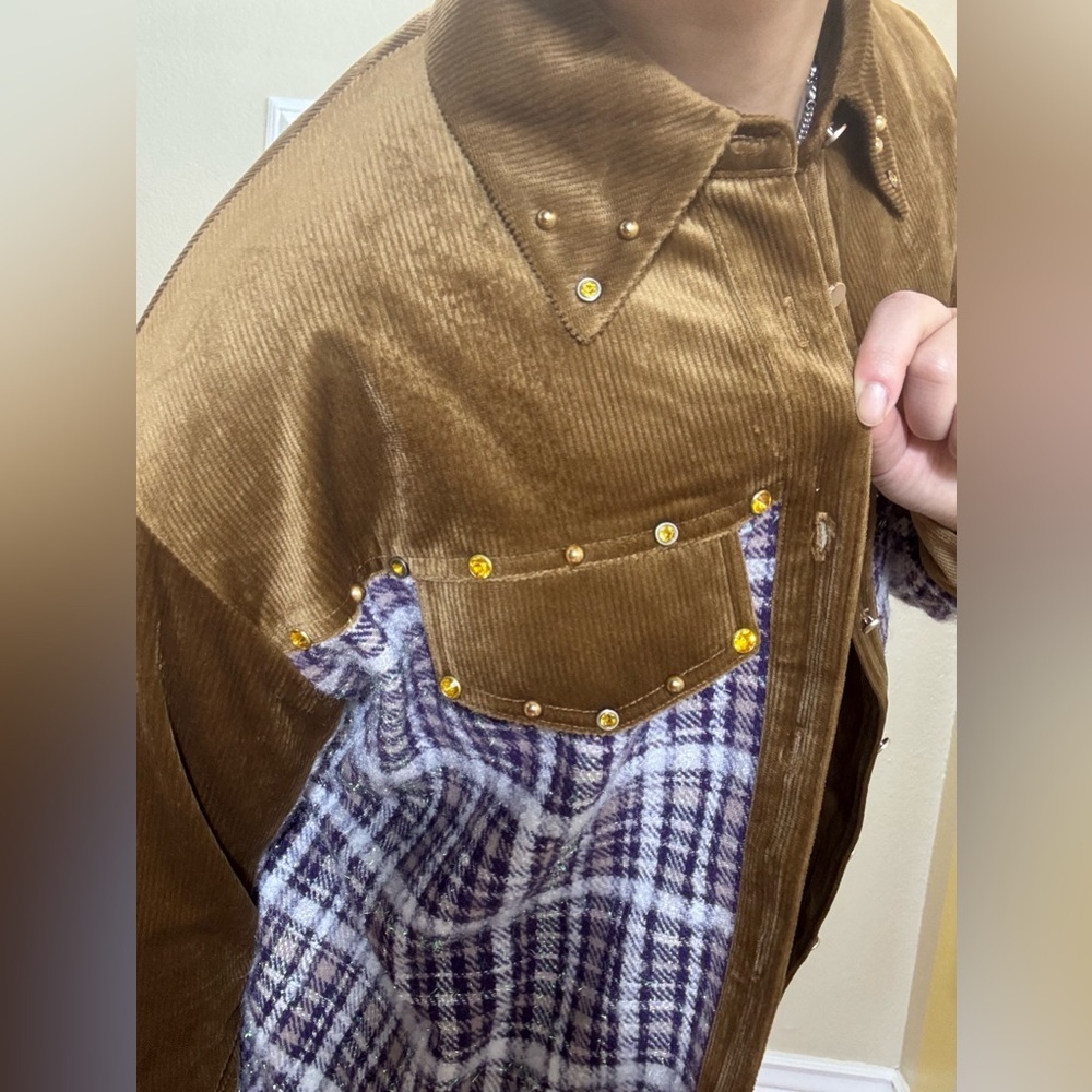 Anthropologie Brown Plaid Button-Up Shirt with Studded Pockets - Picture 3 of 5